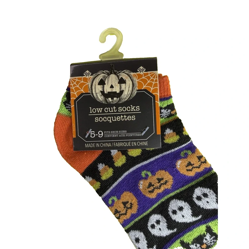 Halloween Low Cut Socks Orange Black Green Cats Candy Corn Pumpkin Ghost Sz 5-9
